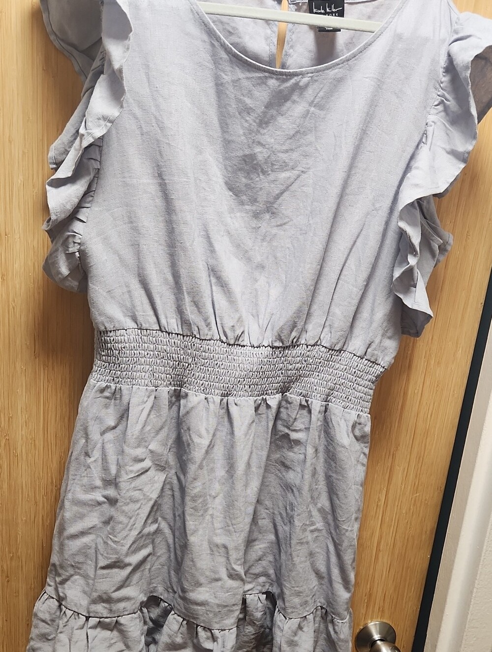 Nicole Miller Gray Smocked Midi Dress Ruffle Tiered Boho Casual Size Large